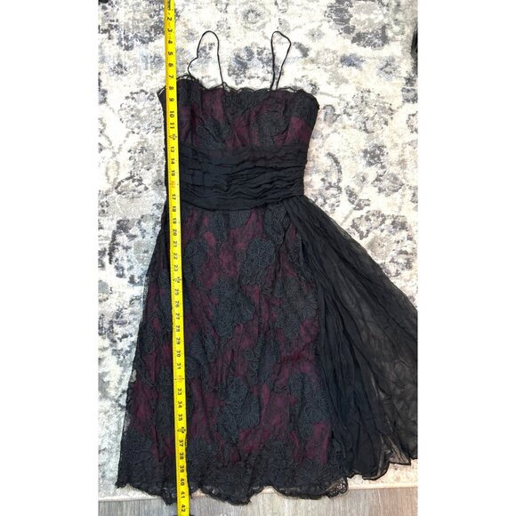 Vintage 50' s 60's Black Lace Overlay Burgundy Whimsygoth Crepey Delicate Floral - Picture 11 of 16